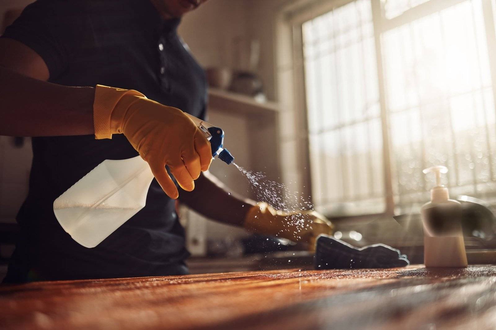Cleaner wiping the kitchen in Amsterdam apartment during house cleaning service