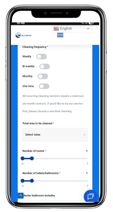 mobile showing weschoon booking form for cleaning