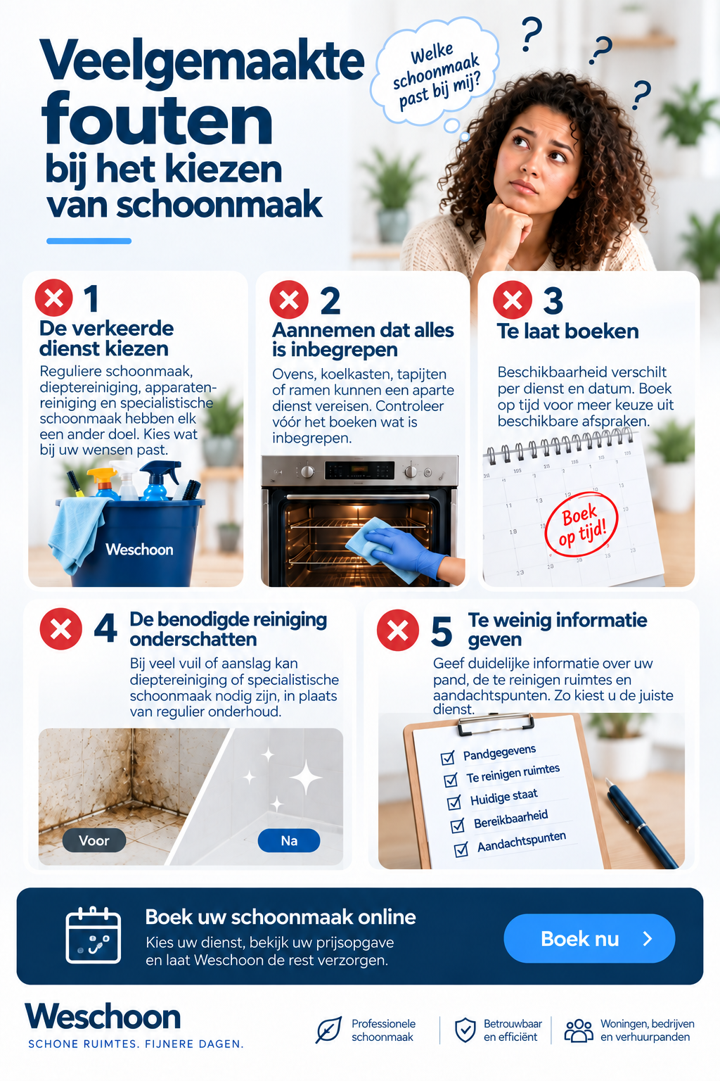 Infographic met vijf veelgemaakte fouten bij het kiezen van een schoonmaakdienst en tips om deze te voorkomen.